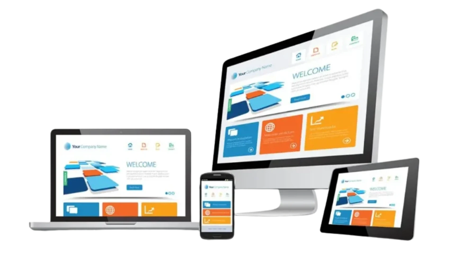 Modern responsive website design displayed on smartphone, tablet, laptop, and desktop against a black background with vibrant colours.