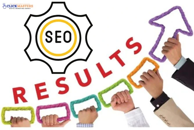 SEO graphic showing the word 'RESULTS' in red, held by diverse hands with colourful arrows pointing upward to represent growth and success.